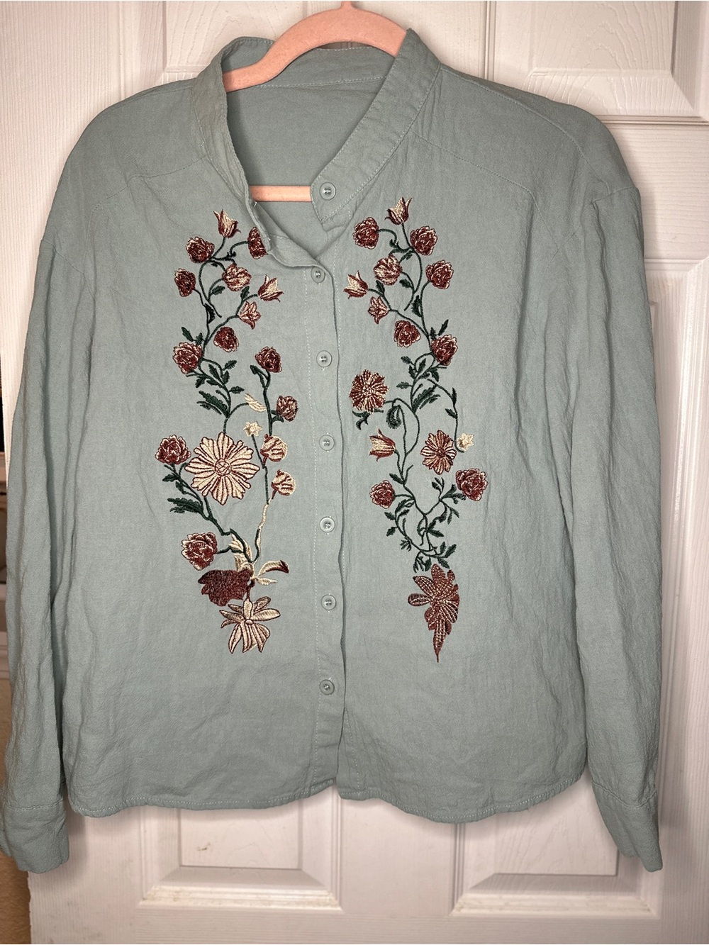 Light Sage Embroidered Floral Button-Up Shirt